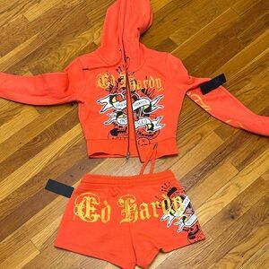 Ed Hardy Vibrant Orange Graphic Hoodie and Shorts